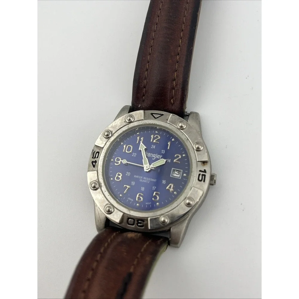 Wrangler Hero Watch Men 40mm Case Blue Dial Brown Leather Band- New Battery‎